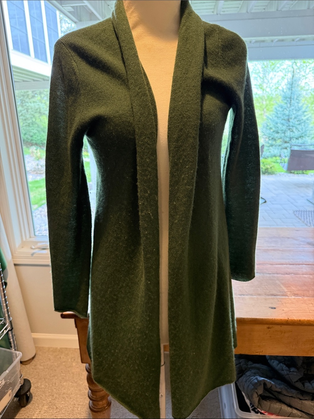 InCashmere Dark Green Open-Front Long Knit Cardigan